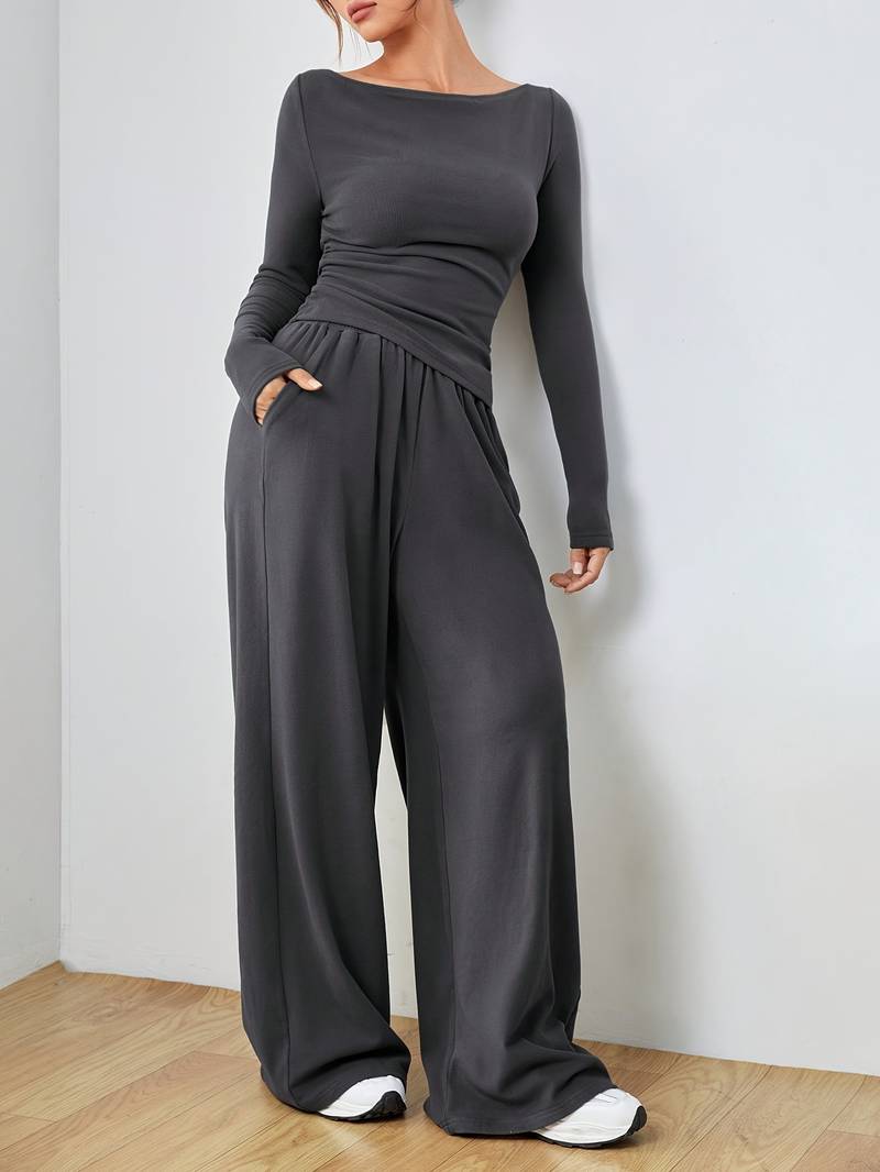 Stephany - Casual comfortable long-sleeve sweater and wide-leg trousers set