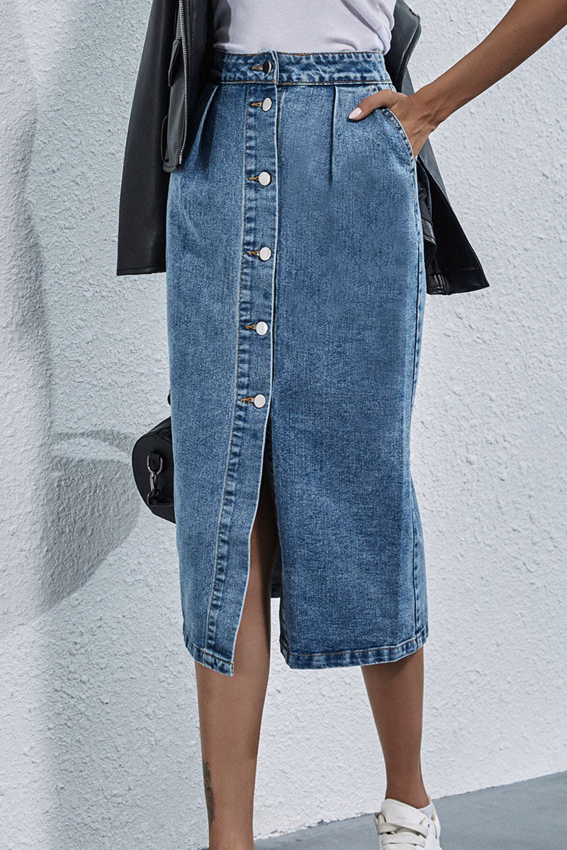 Hannah high-waist button-front long denim skirt