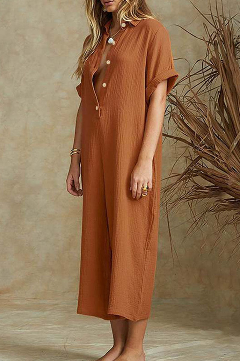 Viella - Stylish polo-collar wide-leg jumpsuit with buttons