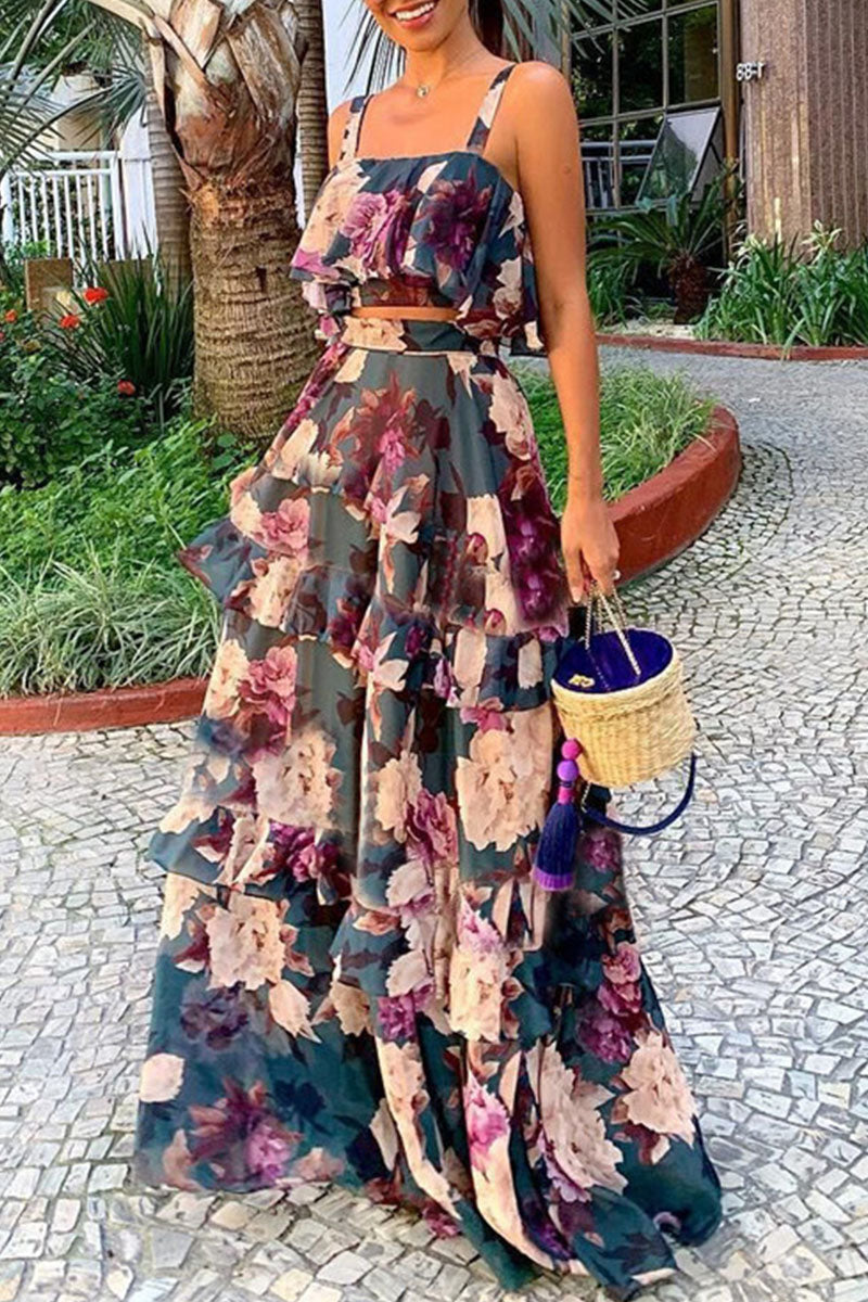 Roseanna - stylish floral sleeveless top & high waist pleated long skirt set