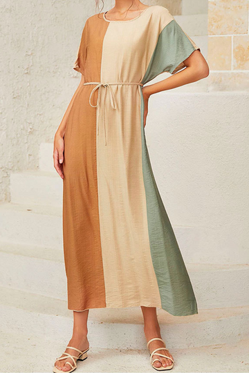 Ella - casual color lump with belt contrast o-neck dress