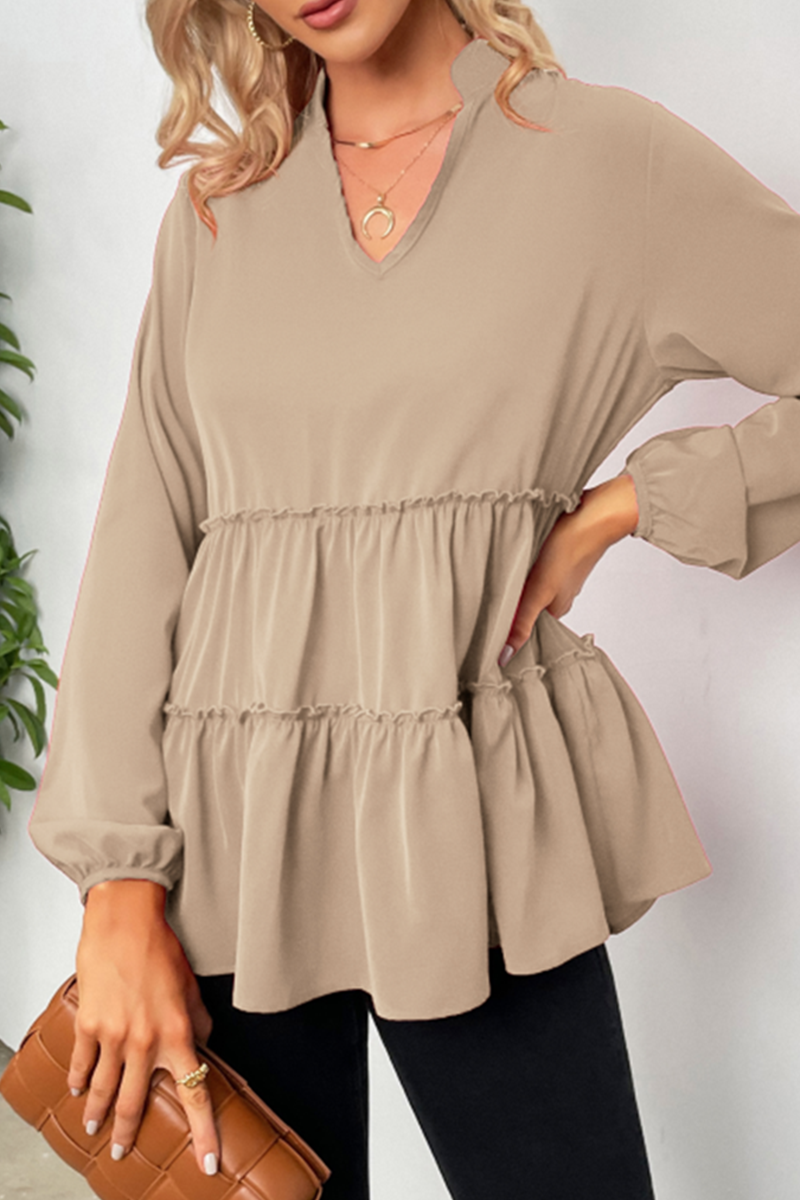 Zelenia - Loose stylish V-neck long-sleeve ruffle blouse