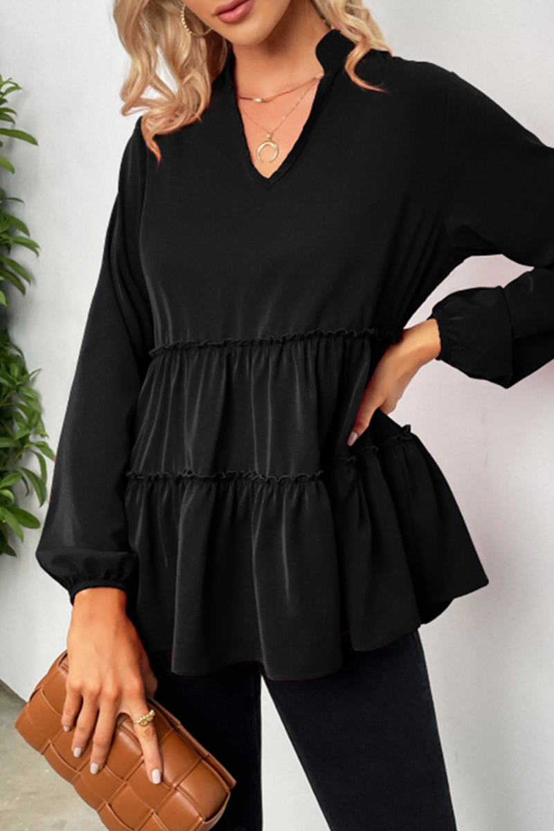 Zelenia - Loose stylish V-neck long-sleeve ruffle blouse