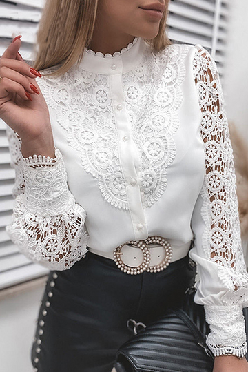 Ruth - elegant lace hollowed out buckle mandarin collar top