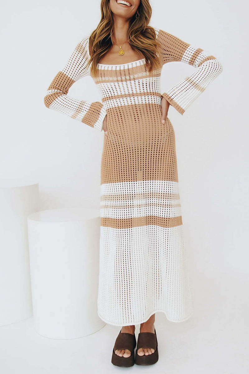 Wilma - u-neck contrast striped long sleeved knitted dress