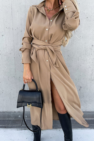 Rose - long sleeve dress with belt and turn down collar