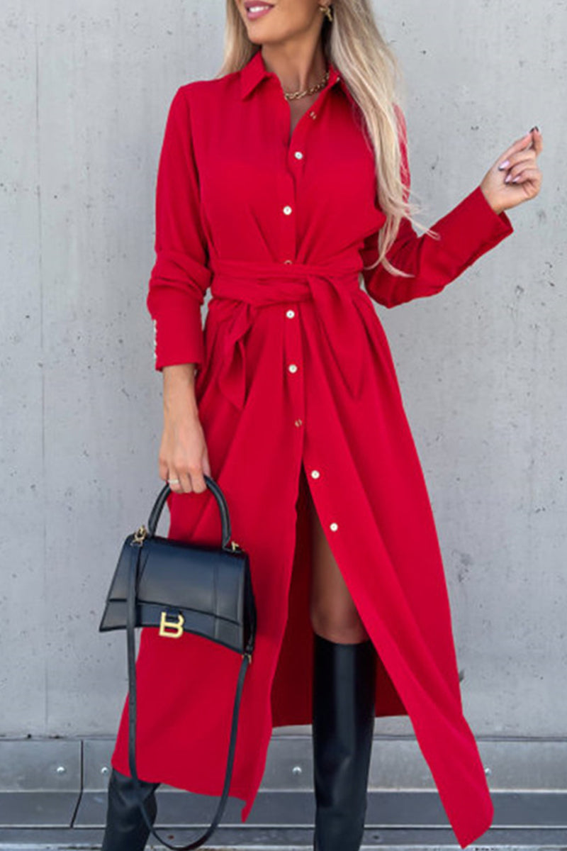 Rose - long sleeve dress with belt and turn down collar