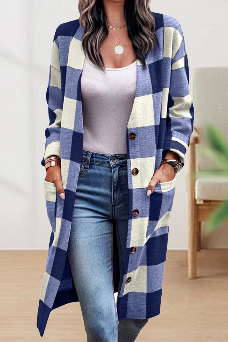 Celestine - Stylish checkered button long coat