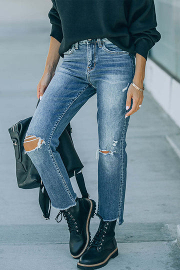 Kara - street solid ripped straight denim jeans