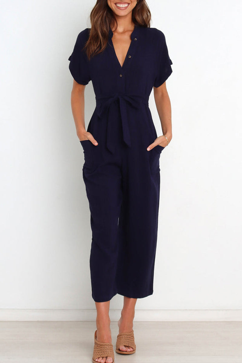 Yasley - Elegant short-sleeve V-neck button-down jumpsuit with belt