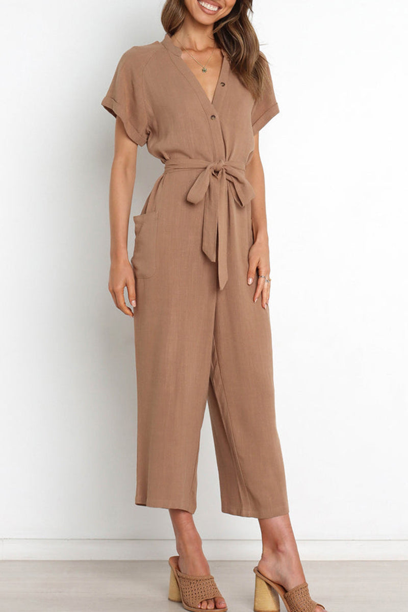 Yasley - Elegant short-sleeve V-neck button-down jumpsuit with belt