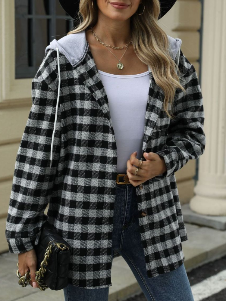 Kiara - Women's checked jacket coat with drawstring and hood