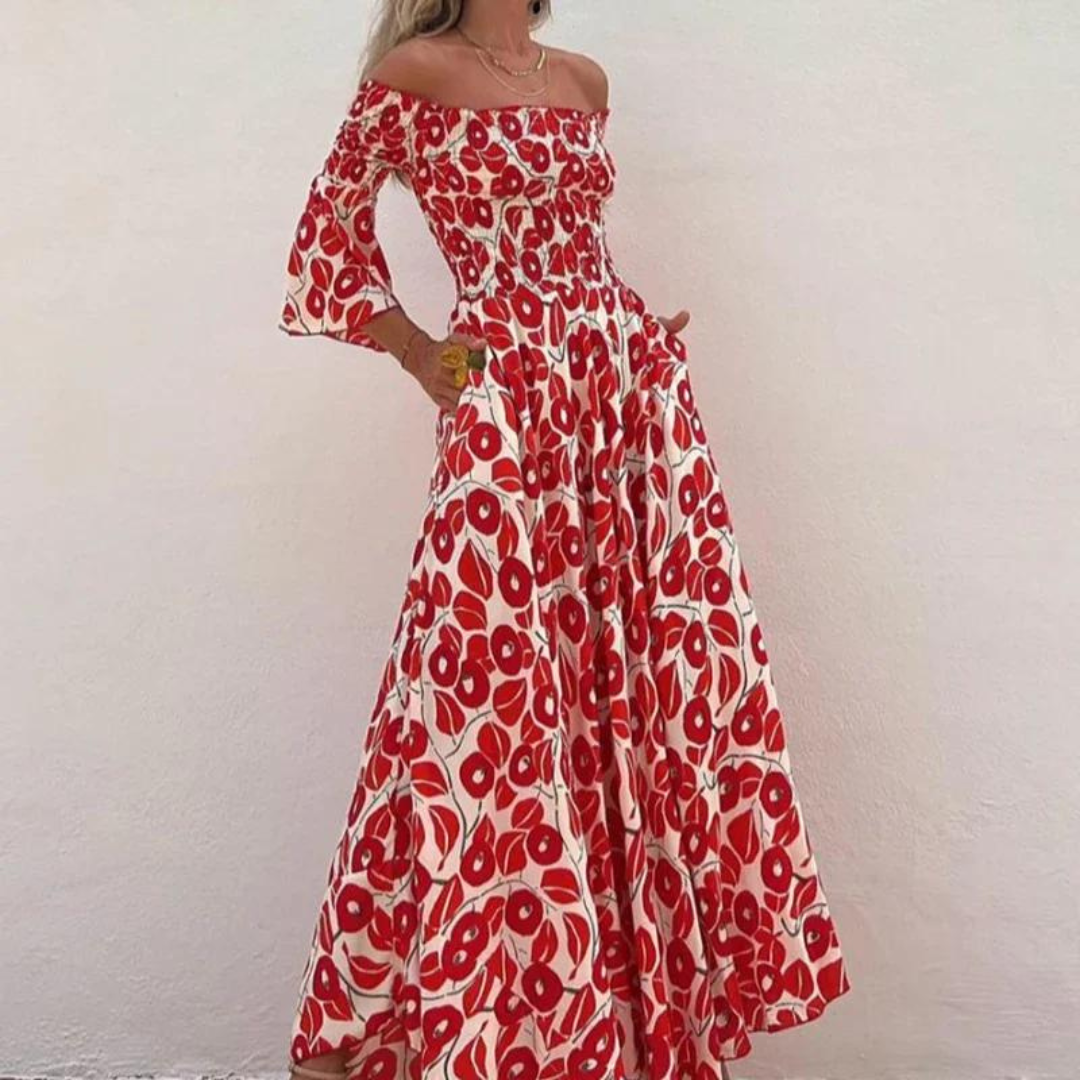 Kristal - Red & White Print Long Summer Dress