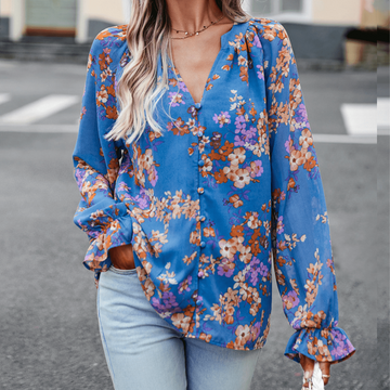 Vianne - Elegant V-neck floral long-sleeve blouse