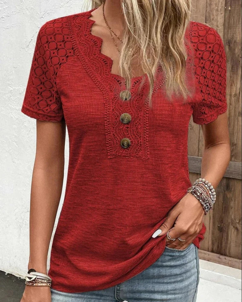 Christy - Elegant lace v-neck buttoned t-shirt