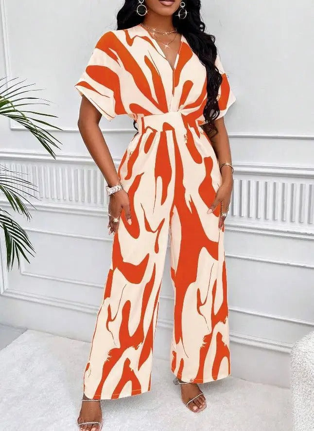 Tiannah - Elegant abstract V-neck jumpsuit