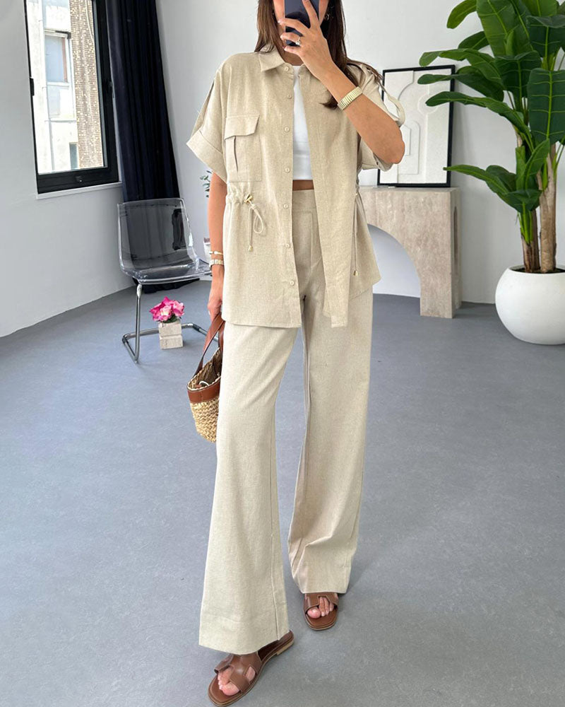 Marietta - Loose button polo blouse and wide-leg trousers set