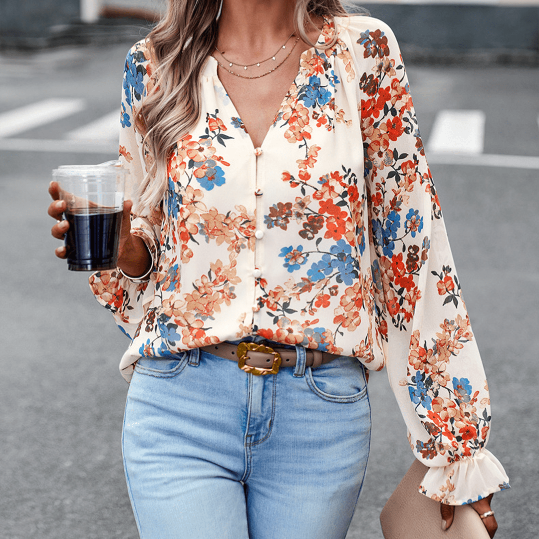 Vianne - Elegant V-neck floral long-sleeve blouse