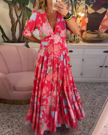 Vannessa - Stylish deep V-neck floral long dress