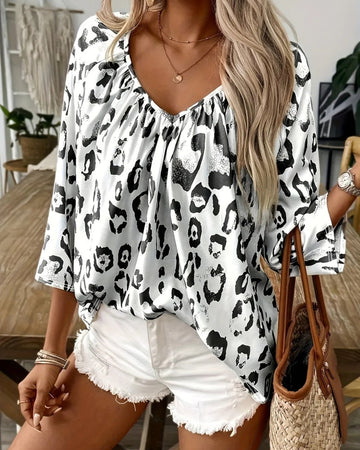 Xylaine - Elegant stylish loose V-neck long-sleeve leopard print blouse