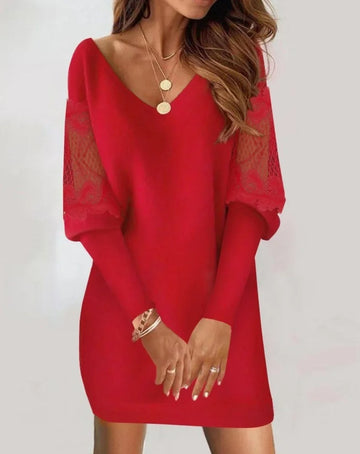 Malory - Elegant V-neck lace splice long-sleeve mini dress