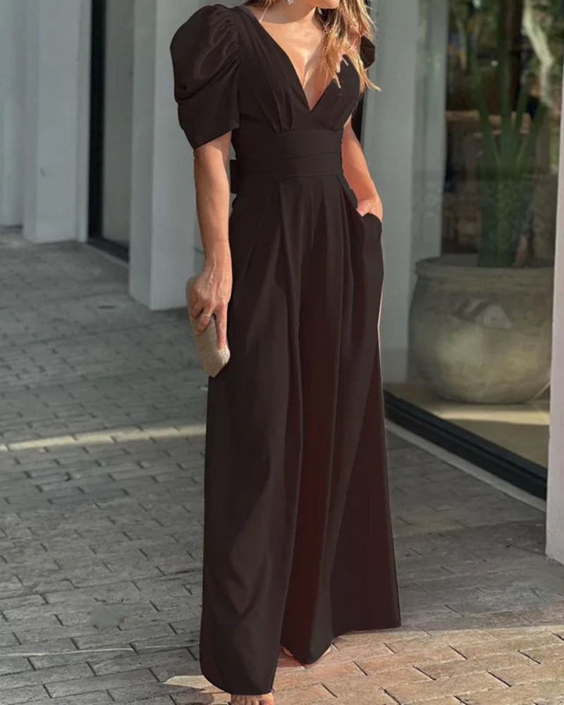 Fenella - Elegant deep v-neck puff short-sleeve loose wide-leg jumpsuit