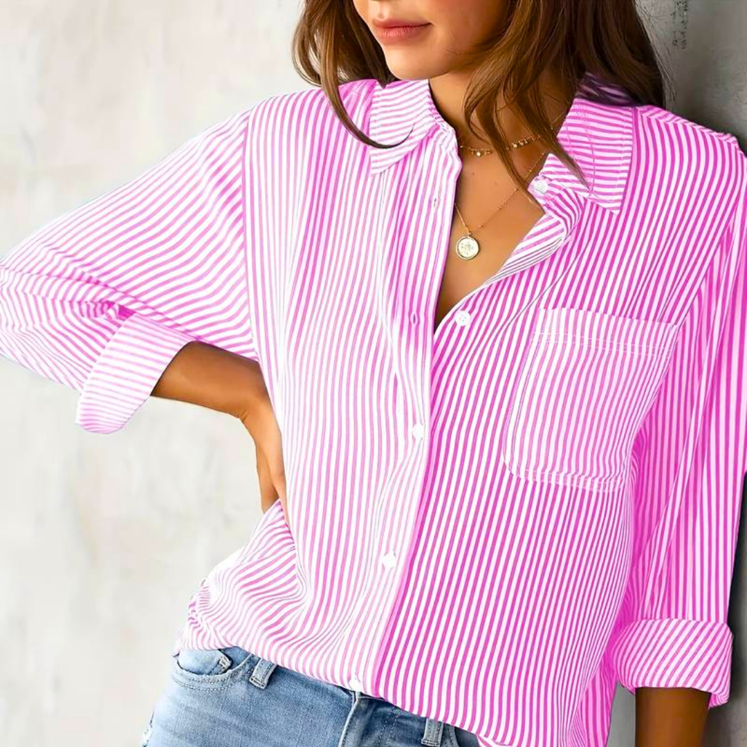 Nyanna - Elegant striped button-up polo blouse