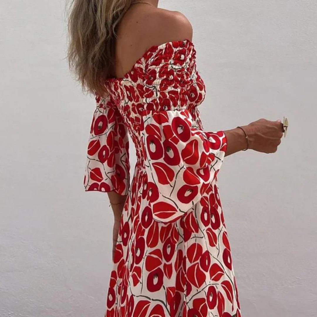 Kristal - Red & White Print Long Summer Dress