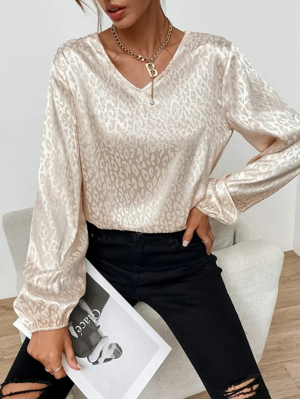 Sheila - Loose leopard-pattern V-neck long-sleeve blouse