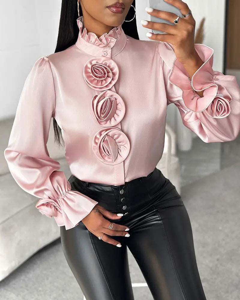 Pia - Rose Decorated Top with Flared Sleeves
