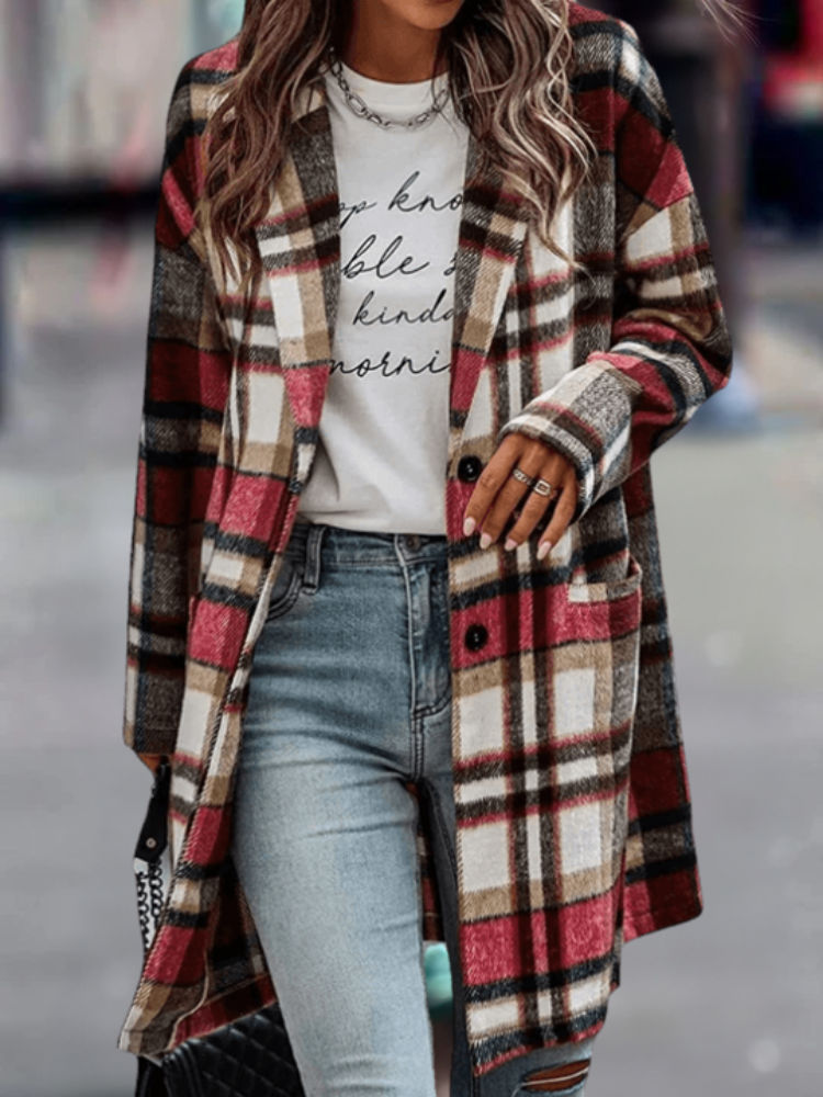 Melisa - Chic long checked jacket coat