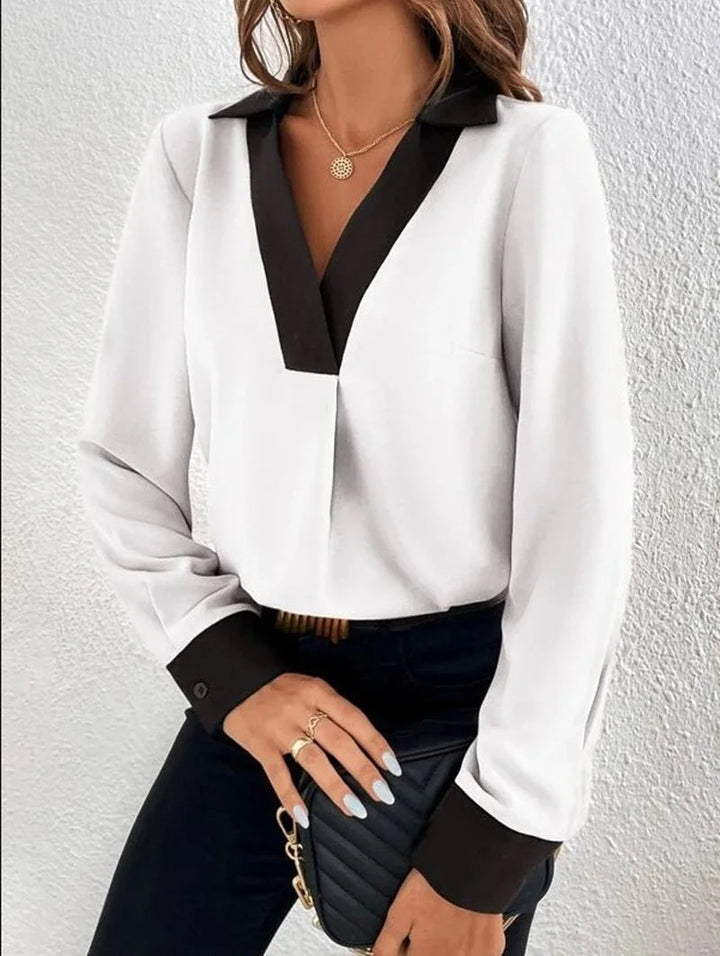 Eunike - Chic deep V-neck long-sleeve blouse