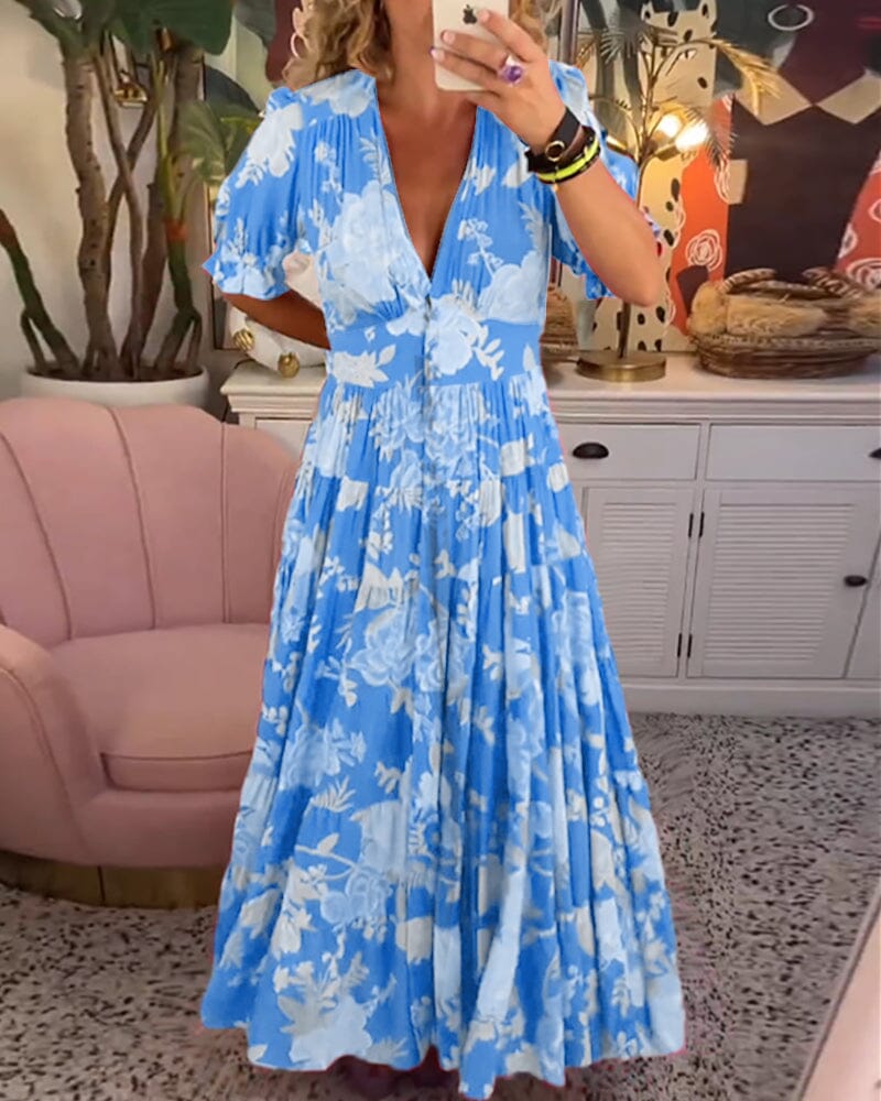 Vannessa - Stylish deep V-neck floral long dress