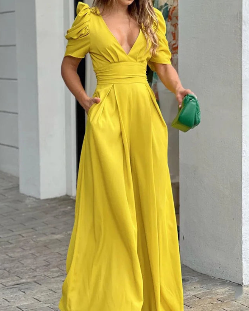 Fenella - Elegant deep v-neck puff short-sleeve loose wide-leg jumpsuit