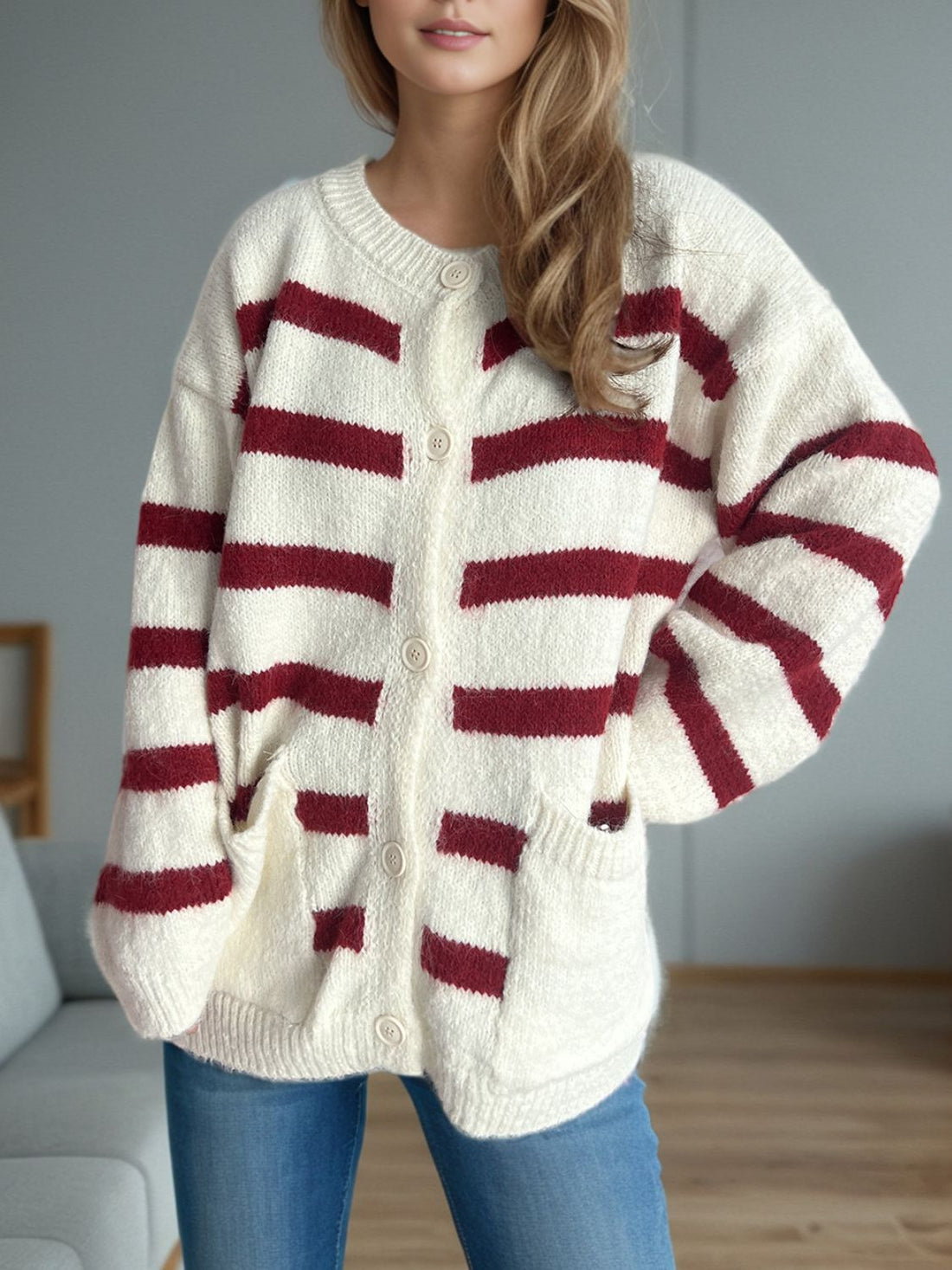 Elaine - Cosy loose striped warm button cardigan