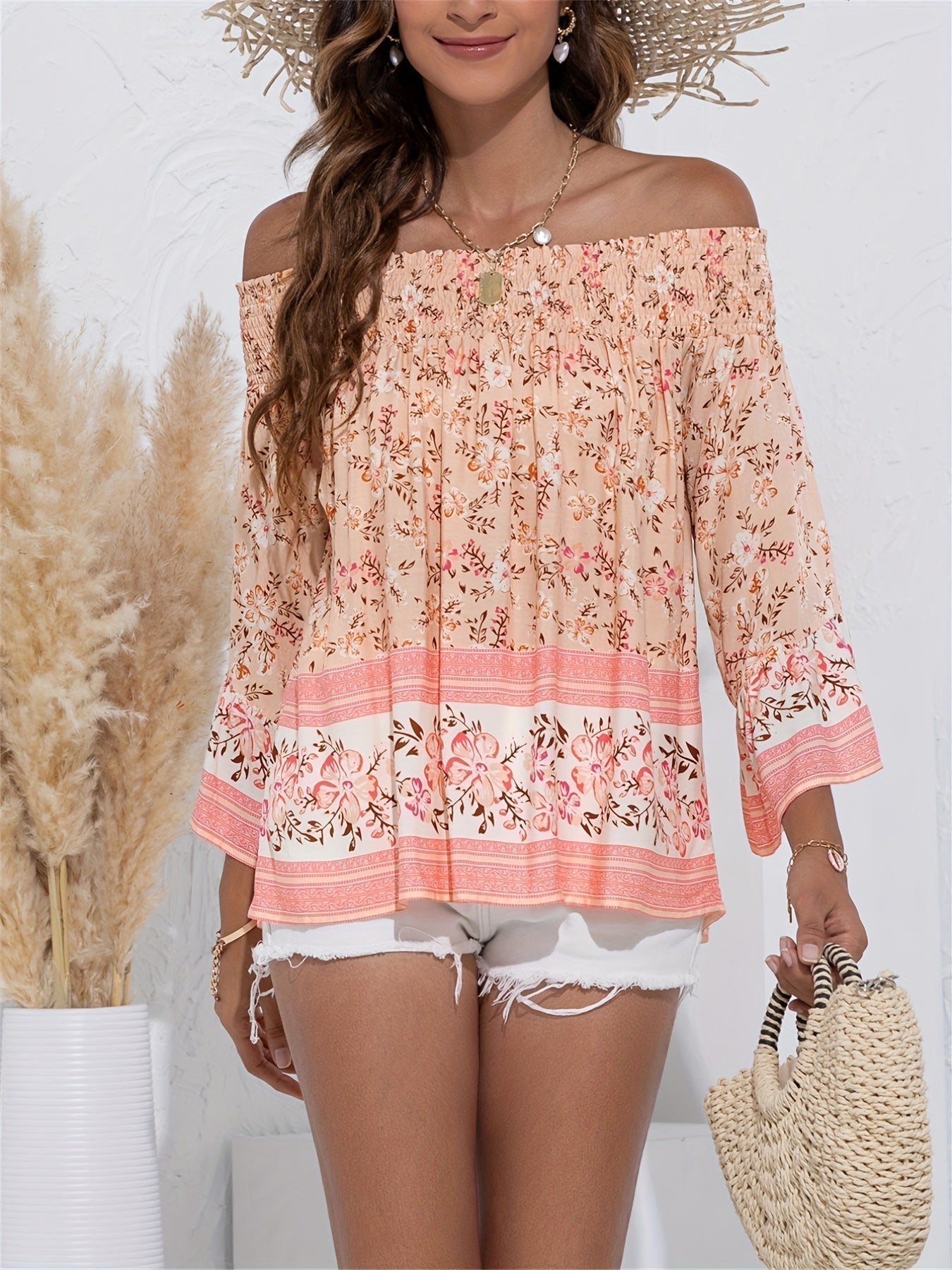 Audrey - Stylish off-the-shoulder floral print blouse