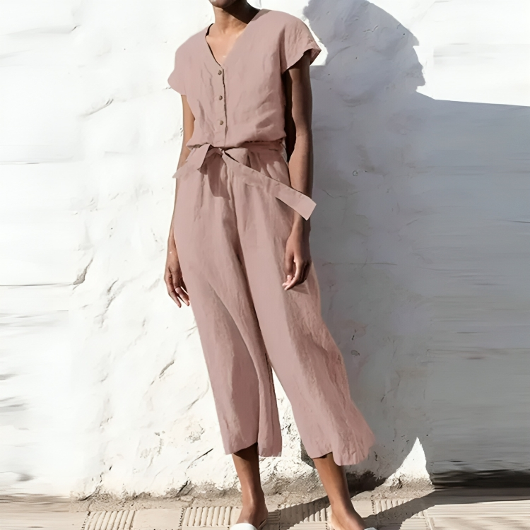 Lizzette - Casual V-neck short-sleeve straight-leg jumpsuit