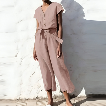 Lizzette - Casual V-neck short-sleeve straight-leg jumpsuit