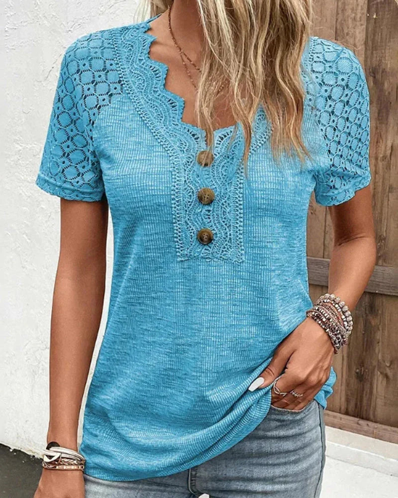 Christy - Elegant lace v-neck buttoned t-shirt