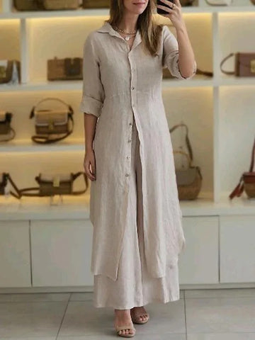 Sunniva - Casual linen long button dress and wide-leg trousers set