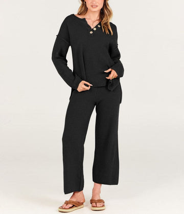 Lavina - Chic loose buttoned V-neck sweater and trousers set