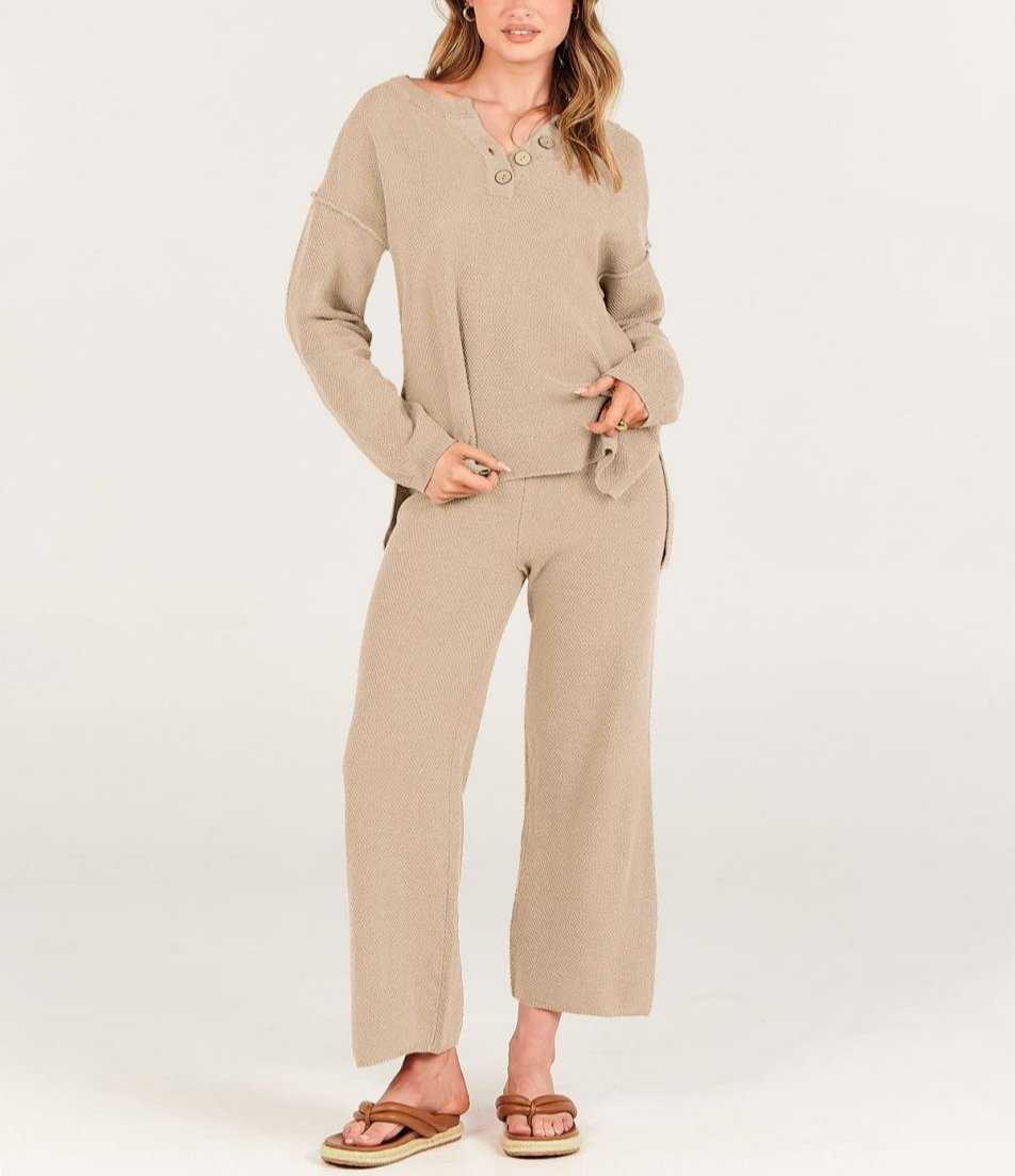 Lavina - Chic loose buttoned V-neck sweater and trousers set