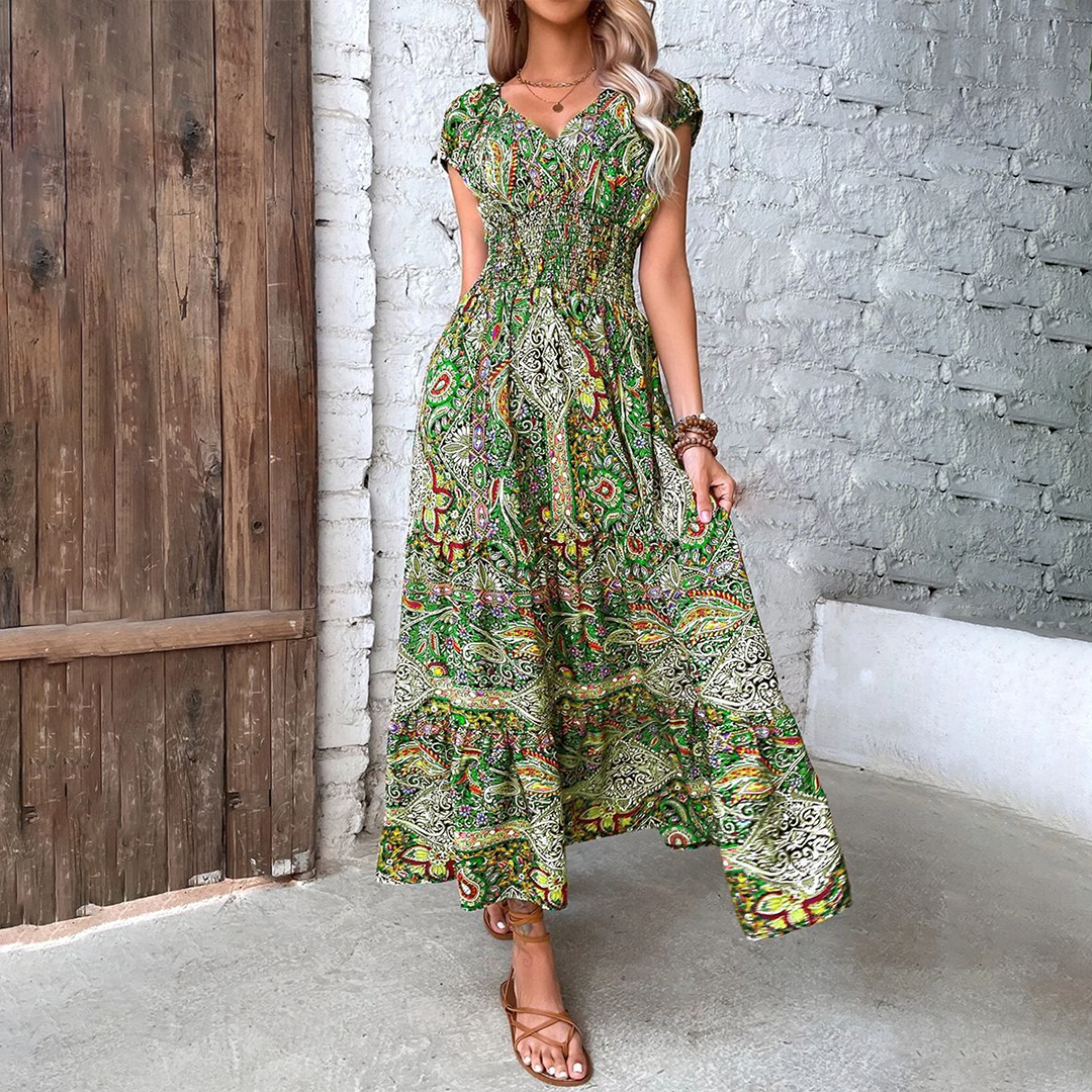 Keisha - Elegant short-sleeve V-neck bohemian print maxi dress