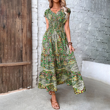 Keisha - Elegant short-sleeve V-neck bohemian print maxi dress