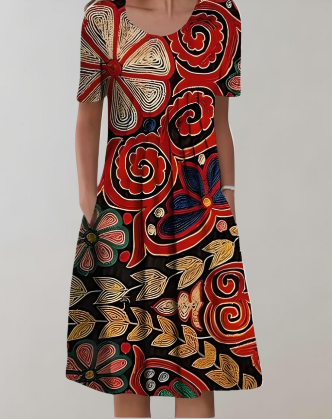 Donna - Bohemian Dress with Floral Prints and Round Neck