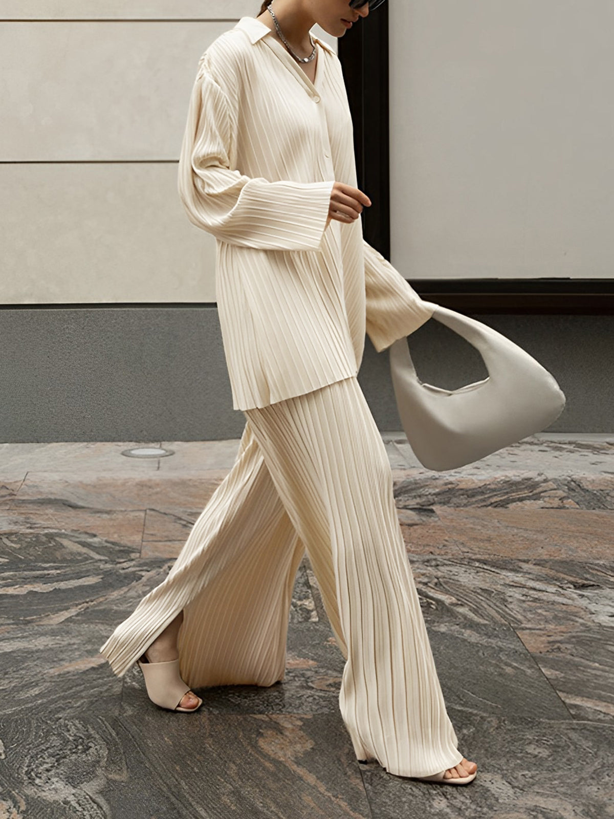 Valery - Stylish elegant pleated long-sleeve blouse and wide-leg trousers set