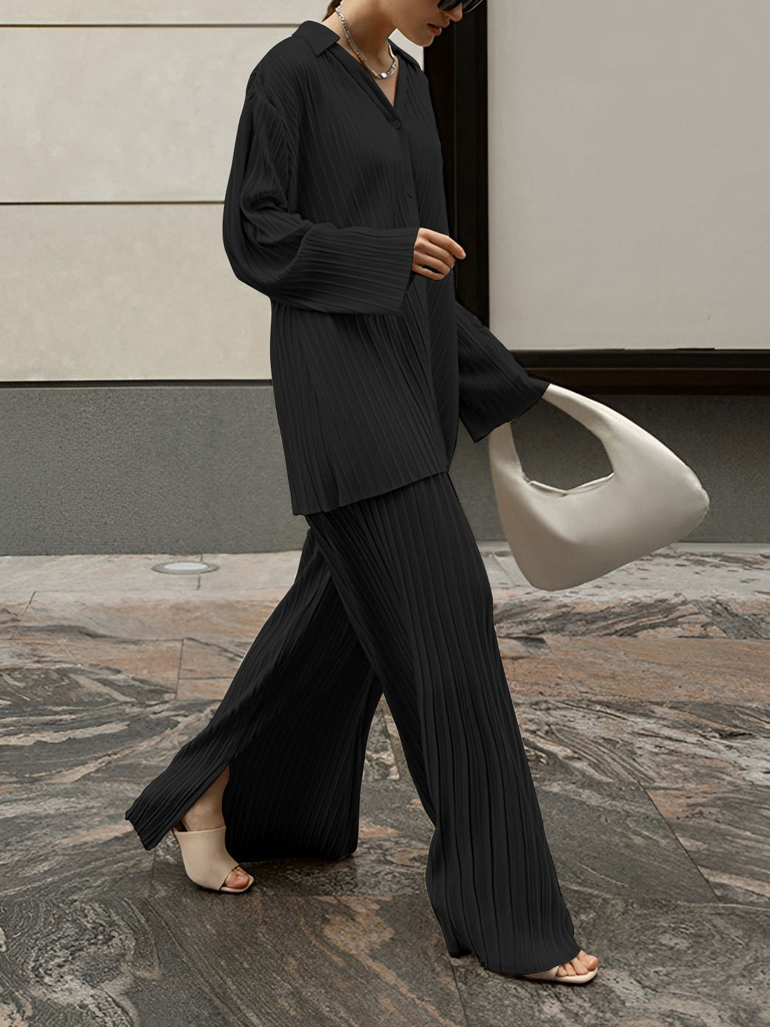 Valery - Stylish elegant pleated long-sleeve blouse and wide-leg trousers set