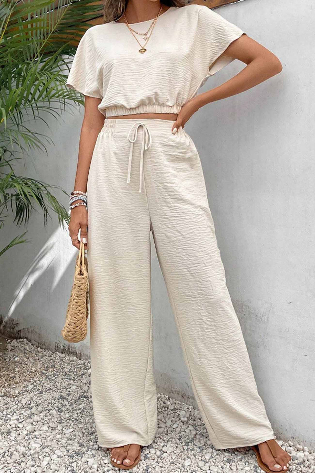 Corazon - batwing sleeve drawstring straight long pants set