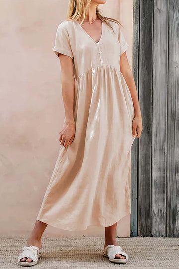 Camille - beige cotton v neck pocket midi dress