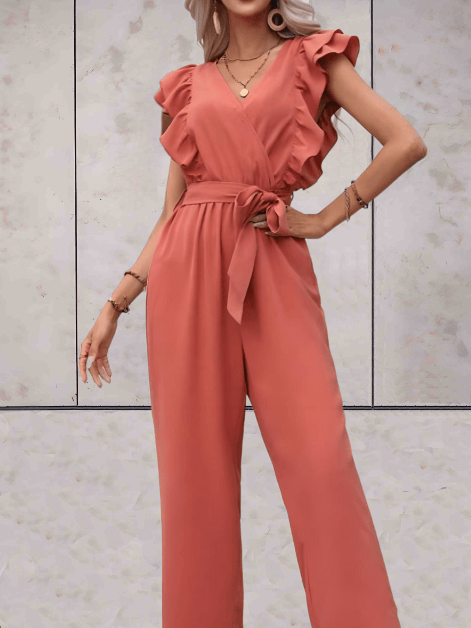 Wesslyn - Stylish V-neck ruffle jumpsuit